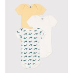 Petit Bateau PETIT BATEAU - Pack of 3 short-sleeved, round-neck bodysuits 'Fine yellow stripes/plain white/plain white with blue whale pattern'