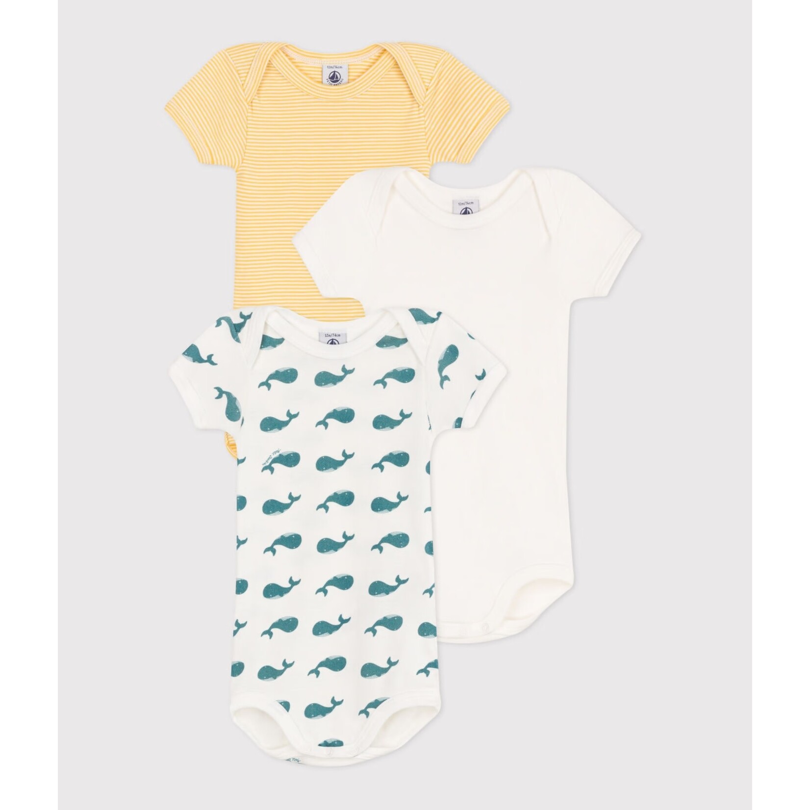 Petit Bateau PETIT BATEAU - Pack of 3 short-sleeved, round-neck bodysuits 'Fine yellow stripes/plain white/plain white with blue whale pattern'
