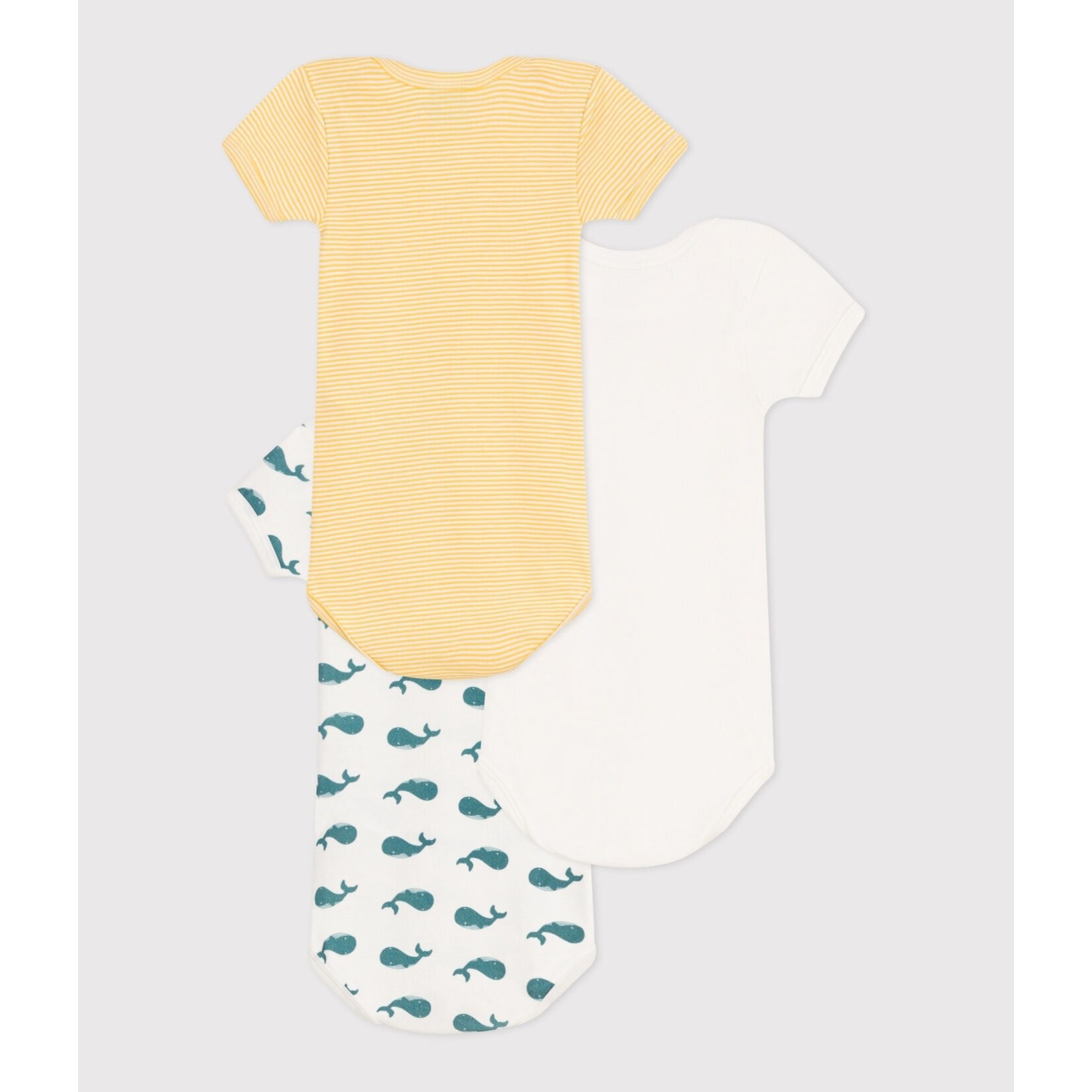 Petit Bateau PETIT BATEAU - Pack of 3 short-sleeved, round-neck bodysuits 'Fine yellow stripes/plain white/plain white with blue whale pattern'