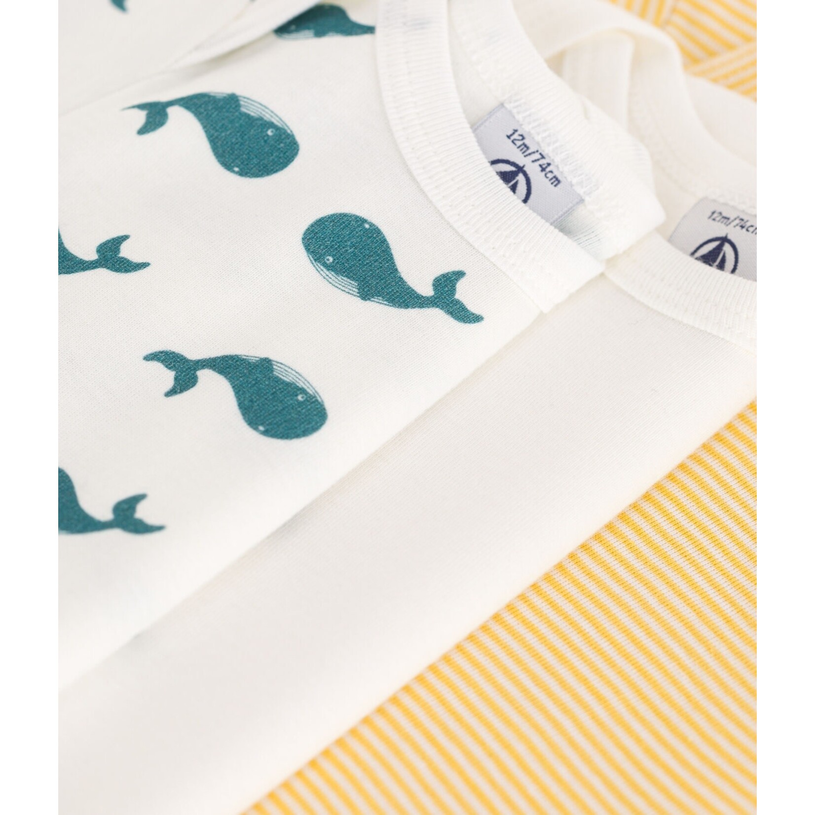Petit Bateau PETIT BATEAU - Pack of 3 short-sleeved, round-neck bodysuits 'Fine yellow stripes/plain white/plain white with blue whale pattern'