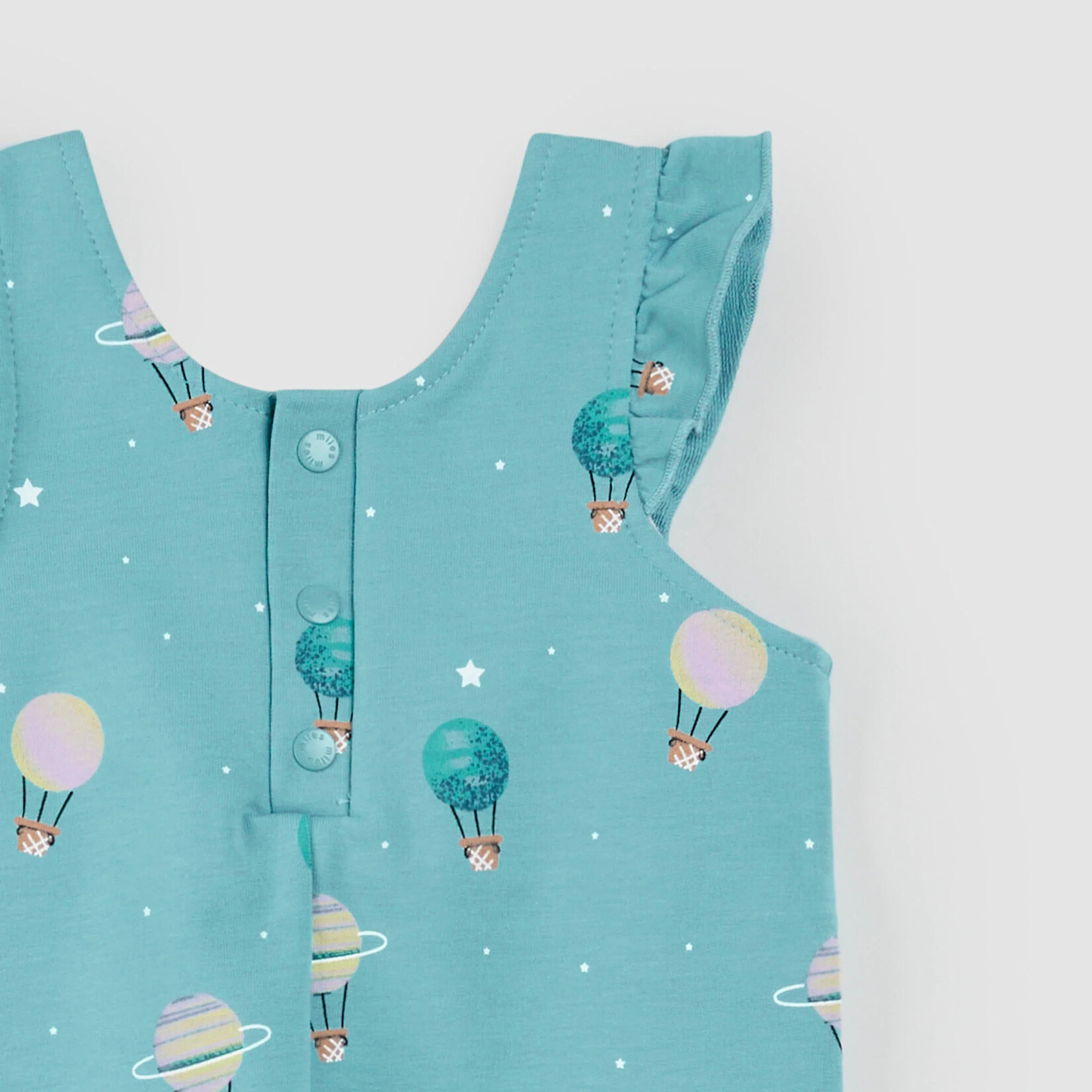 Miles the label MILES THE LABEL - Turquois romper/jumpsuit with hot air balloon print