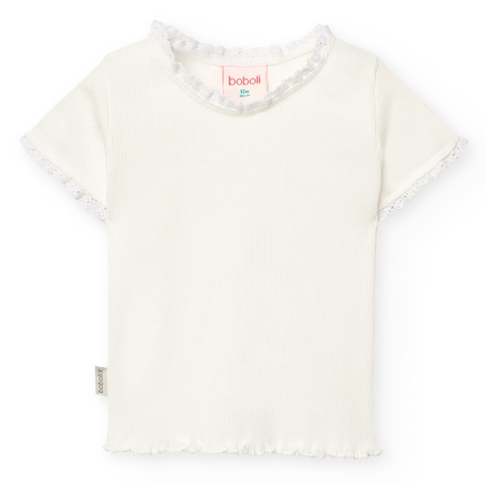 Boboli BOBOLI - T-shirt blanc à manches courtes en maille orné de dentelle