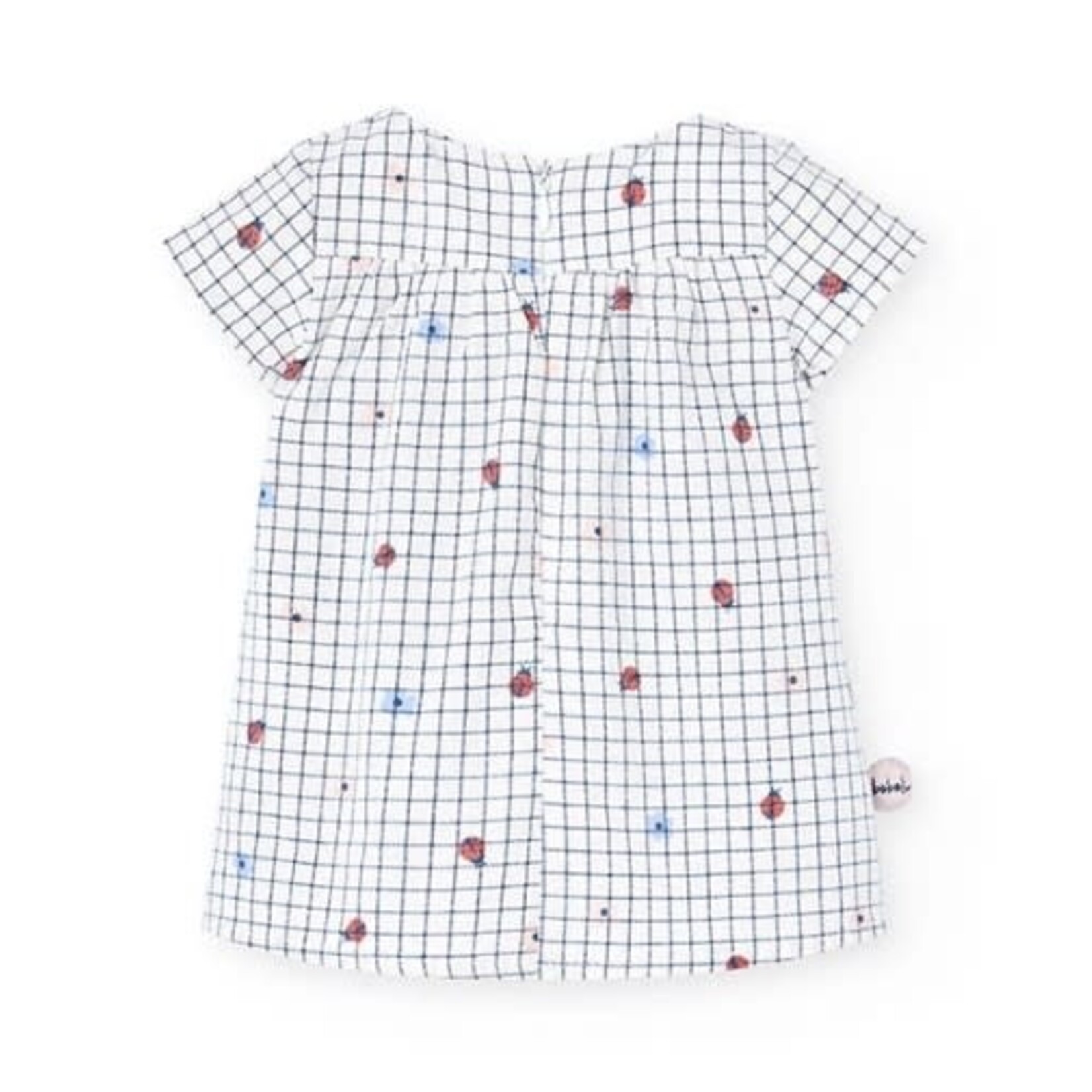 Boboli BOBOLI - White poplin dress and bloomers set with navy blue checkered pattern and ladybug and flower print