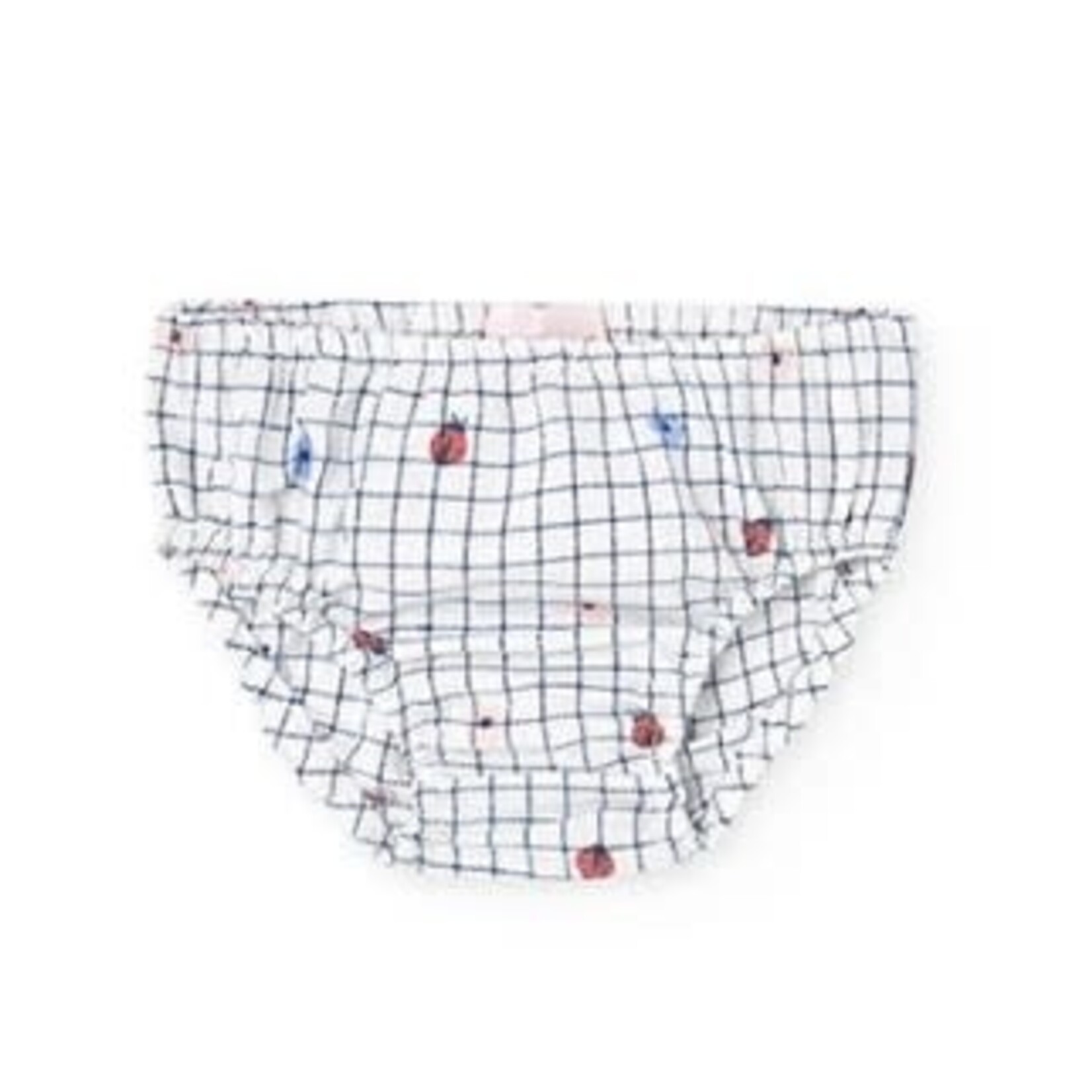 Boboli BOBOLI - White poplin dress and bloomers set with navy blue checkered pattern and ladybug and flower print