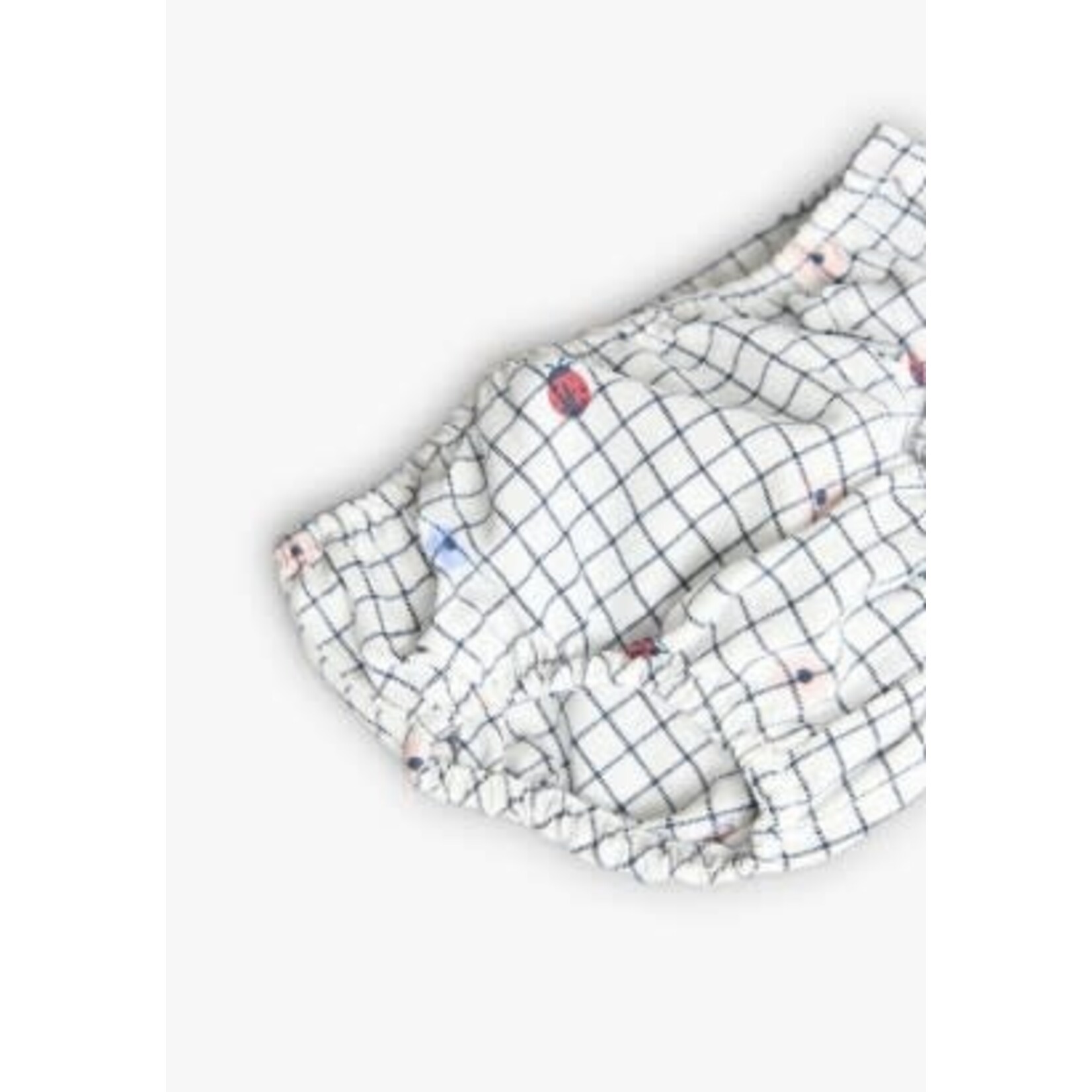 Boboli BOBOLI - White poplin dress and bloomers set with navy blue checkered pattern and ladybug and flower print