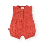 Boboli BOBOLI - Barboteuse unie rouge terre en popeline et broderies de dentelle anglaise