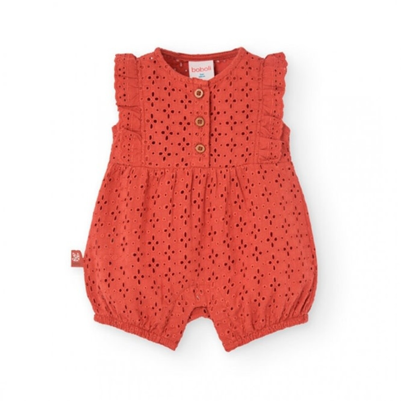 Boboli BOBOLI - Plain earth red romper in poplin and English lace embroidery