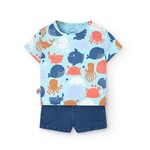 Boboli BOBOLI - Ensemble 2 pièces  t-shirt bleu  avec imprimé animaux  marins et short avec cordons en jeans souple