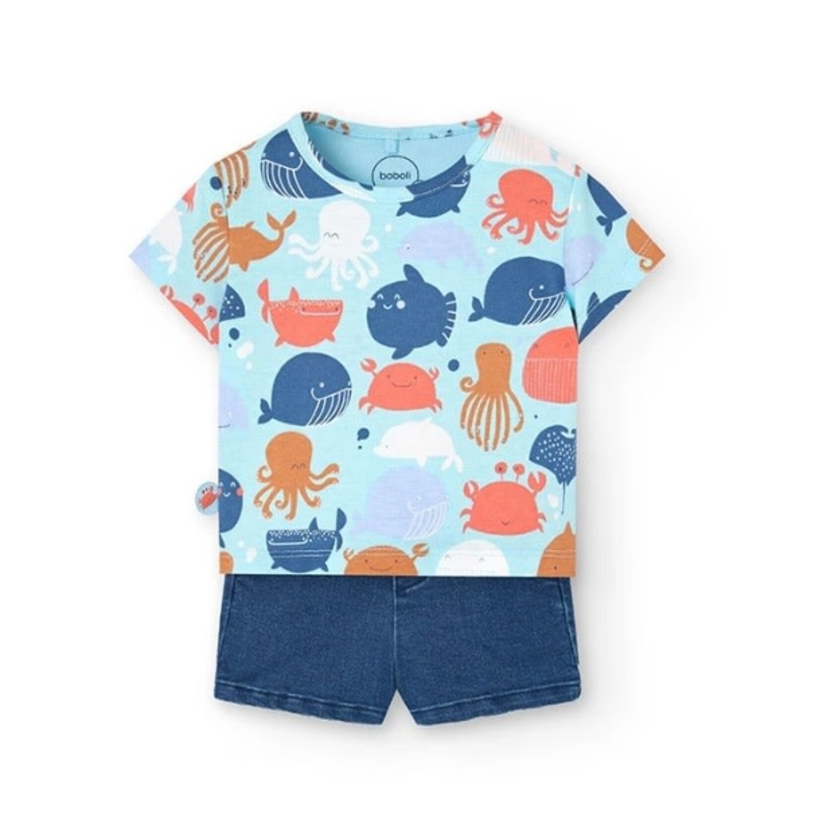 Boboli BOBOLI - Ensemble 2 pièces  t-shirt bleu  avec imprimé animaux  marins et short avec cordons en jeans souple