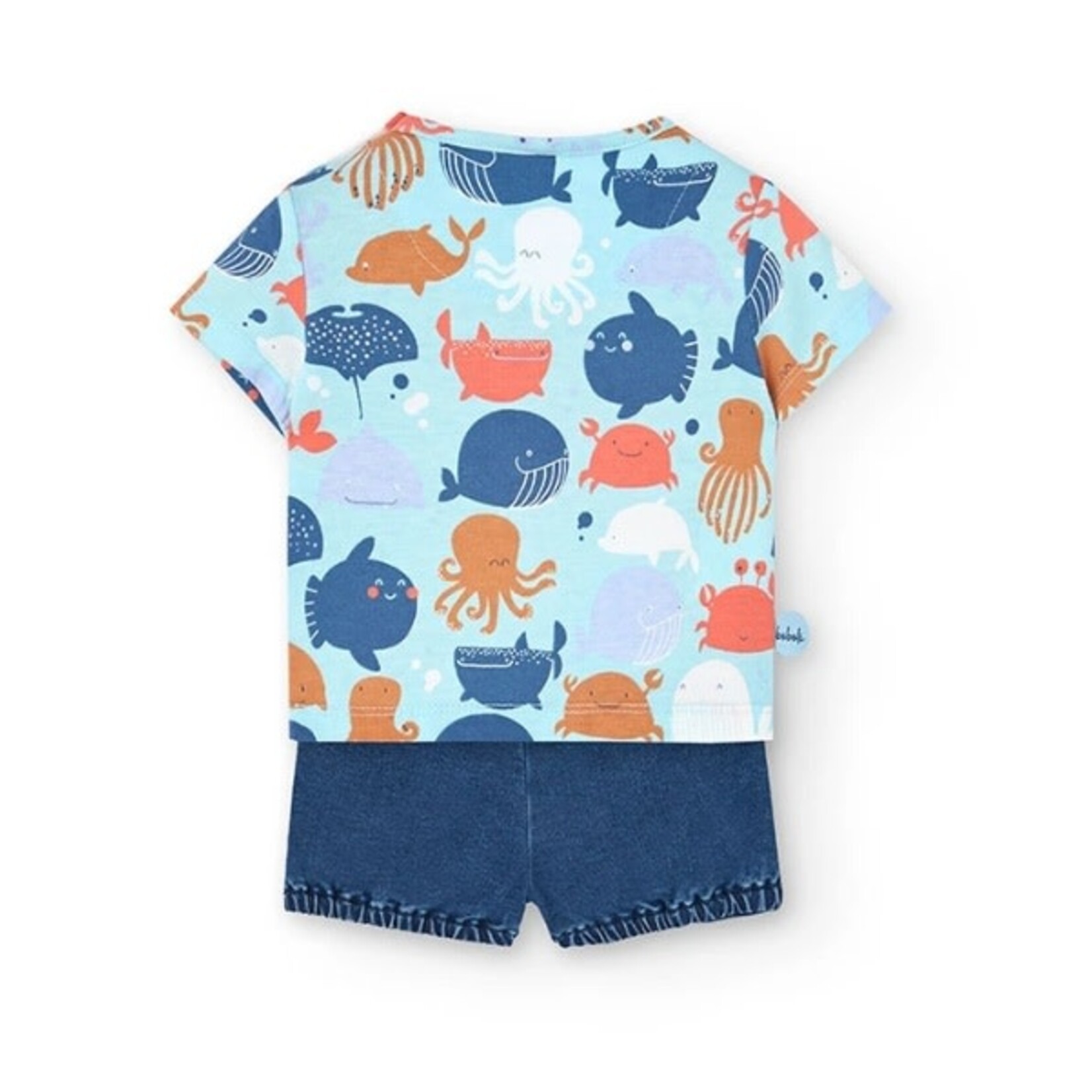 Boboli BOBOLI - Ensemble 2 pièces  t-shirt bleu  avec imprimé animaux  marins et short avec cordons en jeans souple