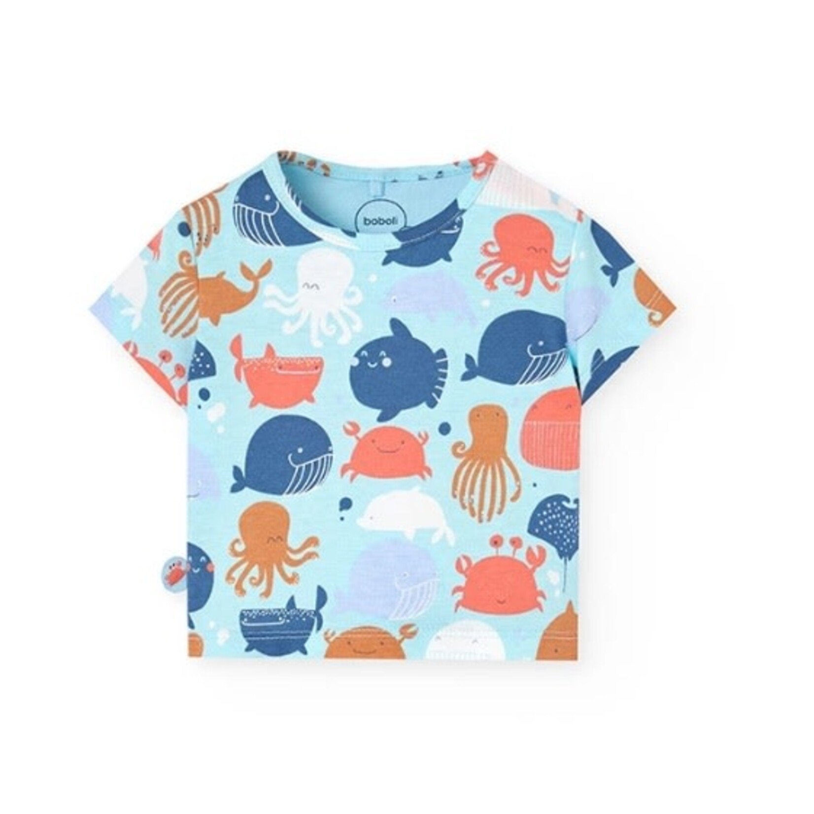 Boboli BOBOLI - Ensemble 2 pièces  t-shirt bleu  avec imprimé animaux  marins et short avec cordons en jeans souple