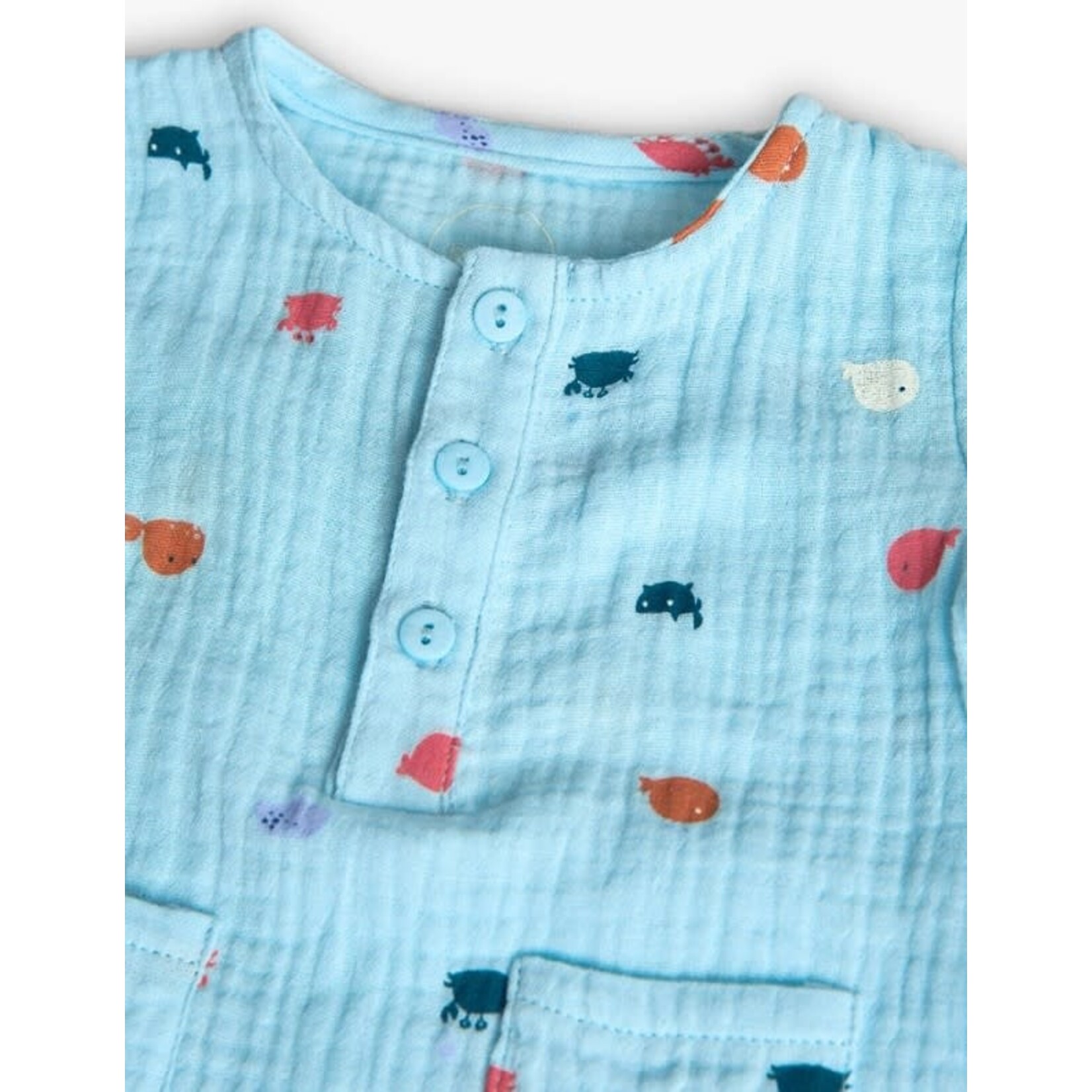 Boboli BOBOLI - Pale turquoise cotton muslin romper with whale and crab print