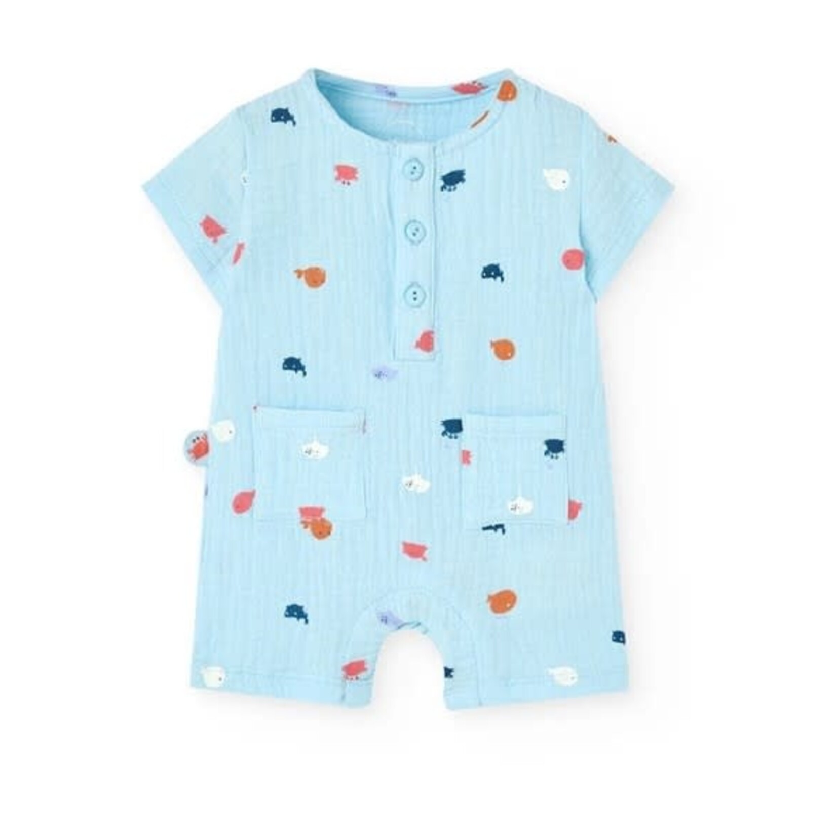 Boboli BOBOLI - Barboteuse  de mousseline turquoise  pâle avec imprimé de baleines et crabes