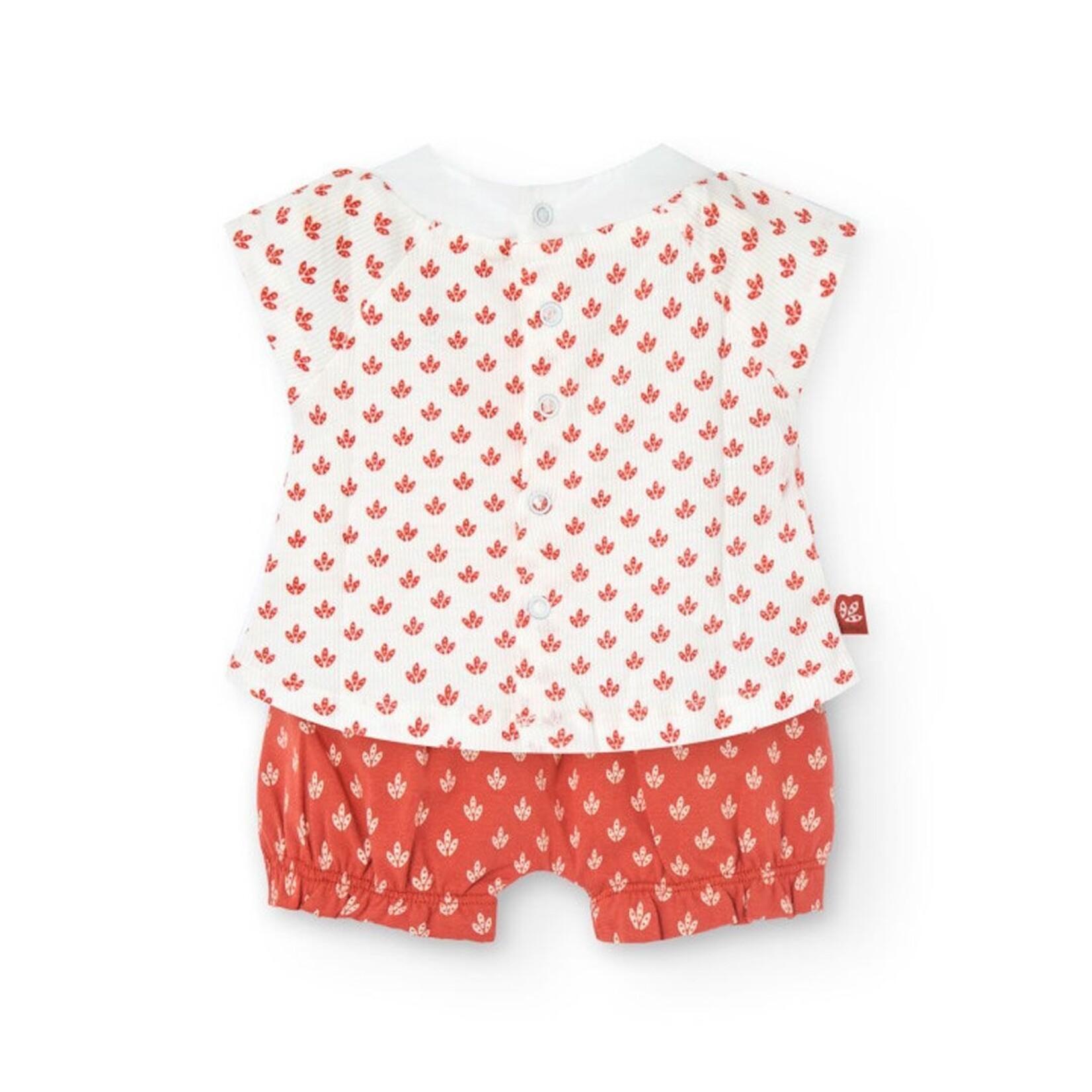 Boboli BOBOLI - Ensemble 2 pièces t-shirt à volant blanc et short  rouge terre à motif de feuilles