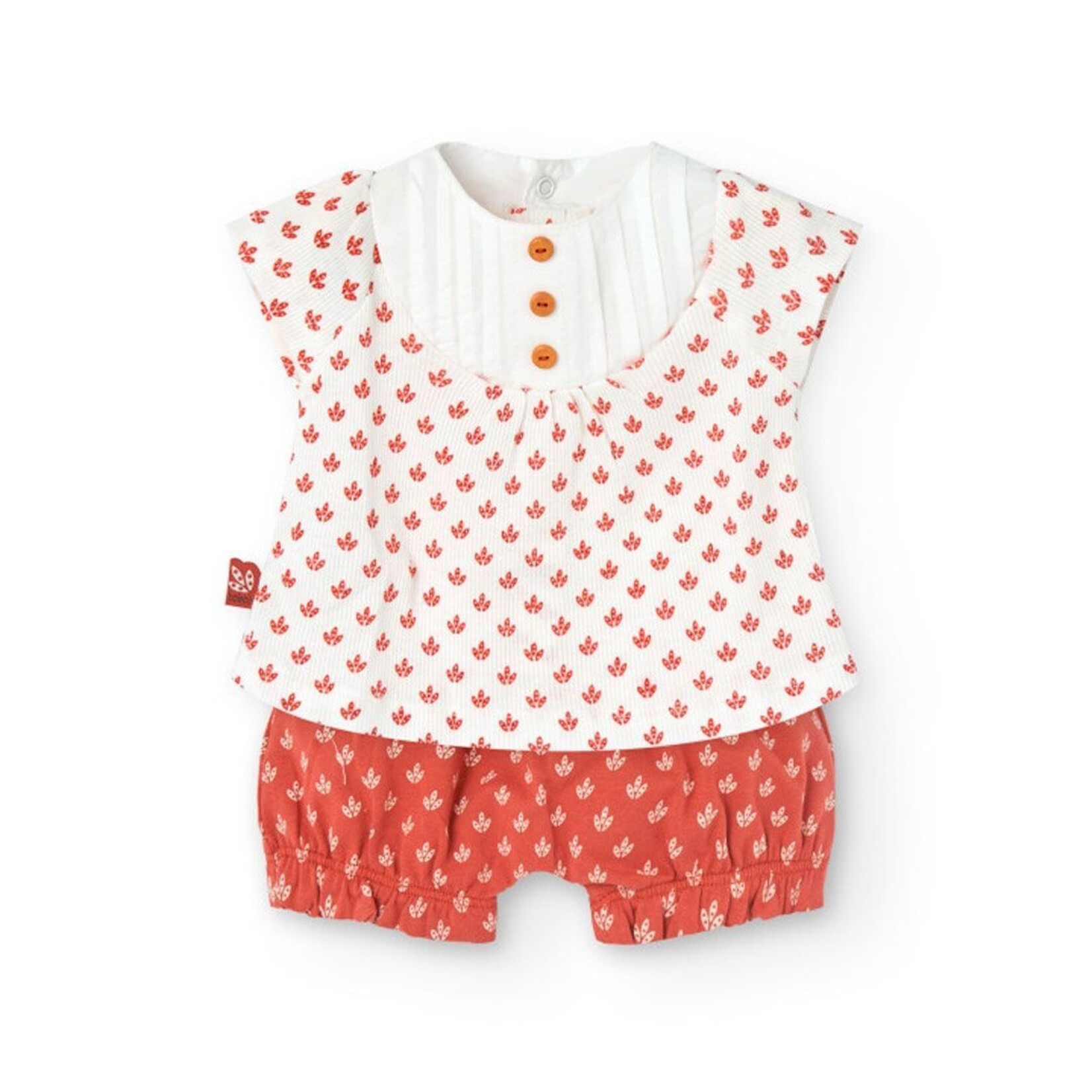 Boboli BOBOLI - 2 Piece Set White Ruffle T-Shirt and Earth Red Shorts With Leaf Pattern