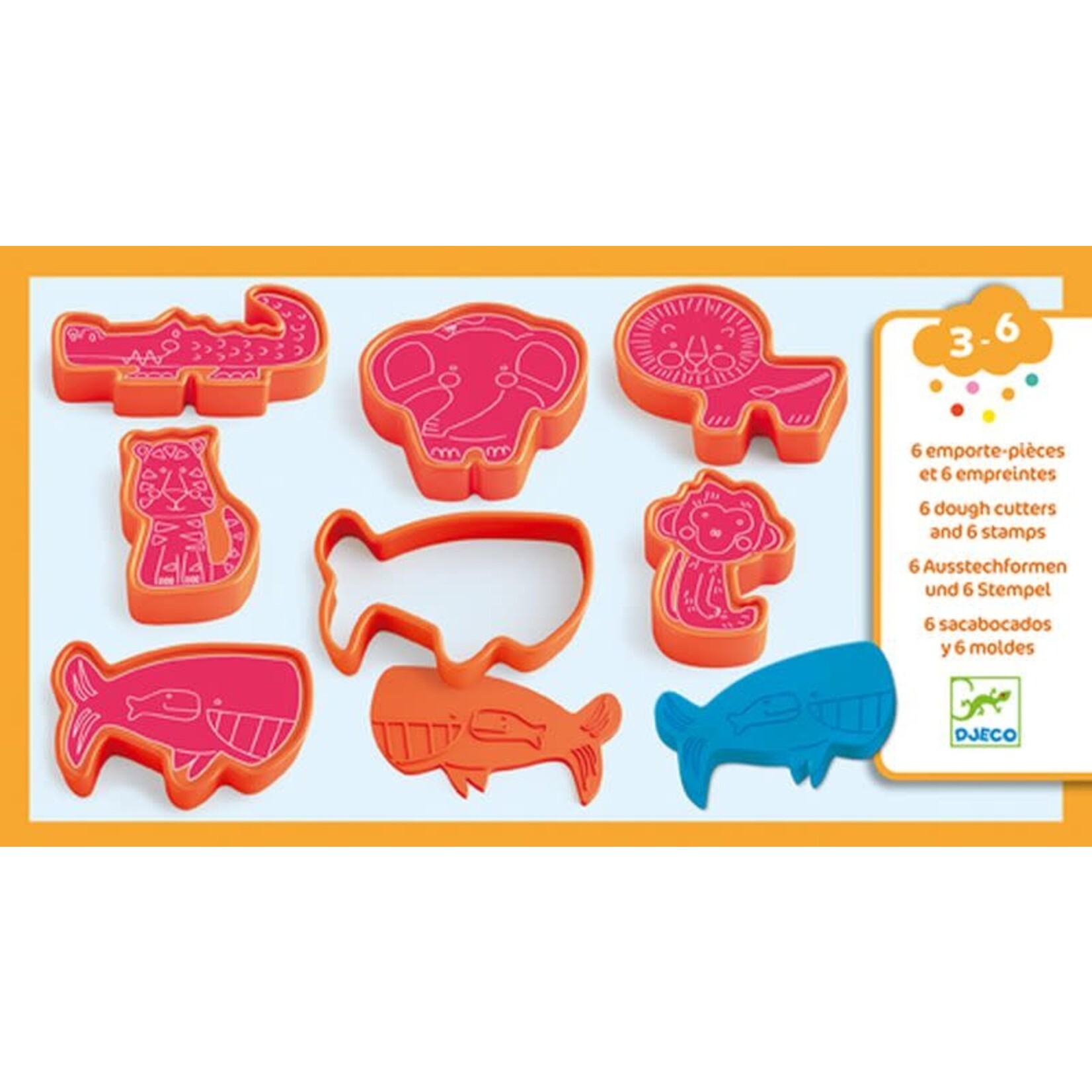 Djeco DJECO - 6 dough cutters and 6 stamps for playdough - Animals/Red
