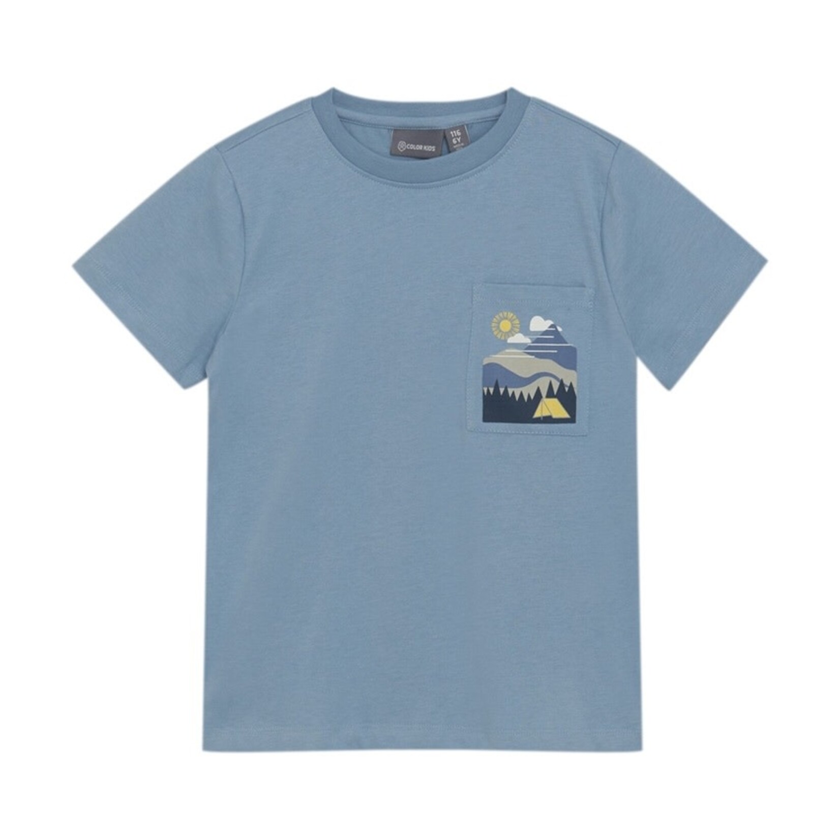 Color Kids COLOR KIDS - T-shirt bleu chiné avec une petite poche et imprimé de paysage