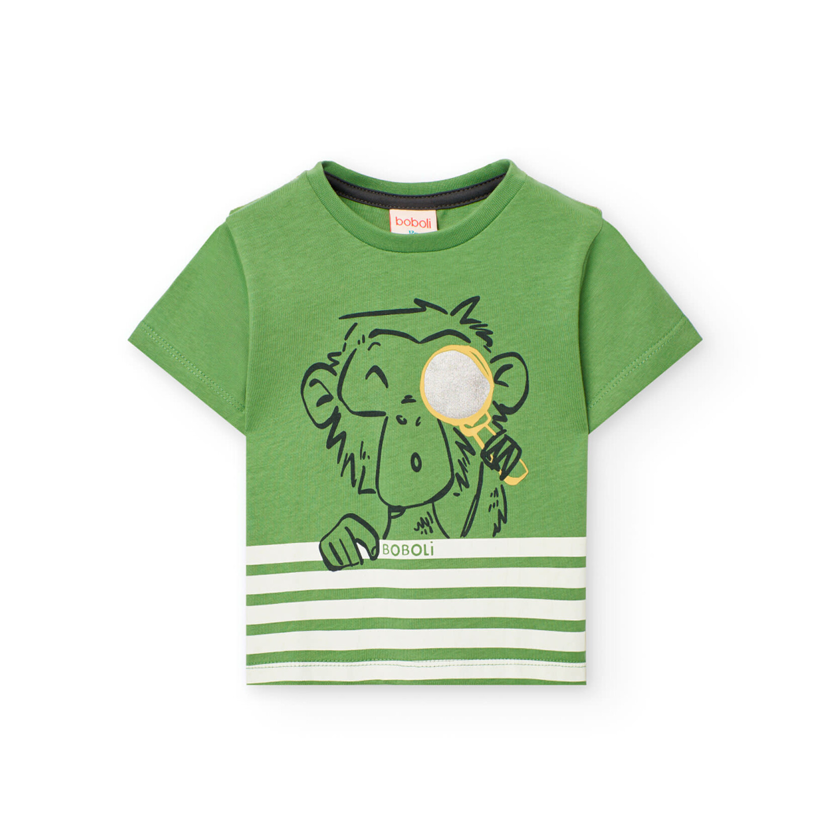Boboli BOBOLI - Green T-Shirt with a  Monkey Print and White Stripes