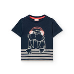 Boboli BOBOLI - T-shirt bleu marin avec imprimé de morse et rayures grises