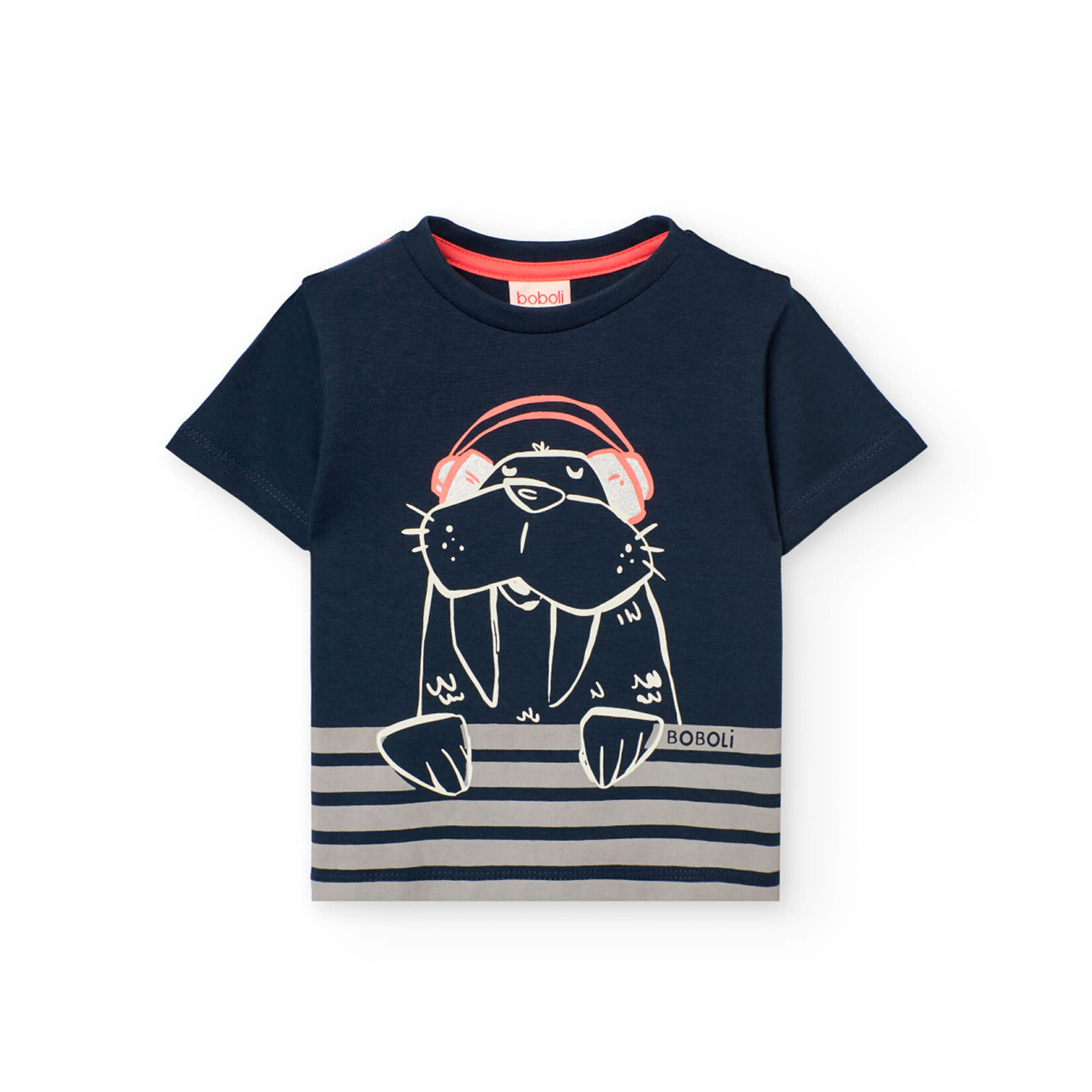 Boboli BOBOLI - T-shirt bleu marin avec imprimé de morse et rayures grises