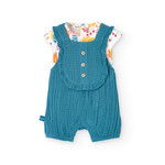 Boboli BOBOLI - White short-sleeved t-shirt with colorful pattern and turquoise overalls set
