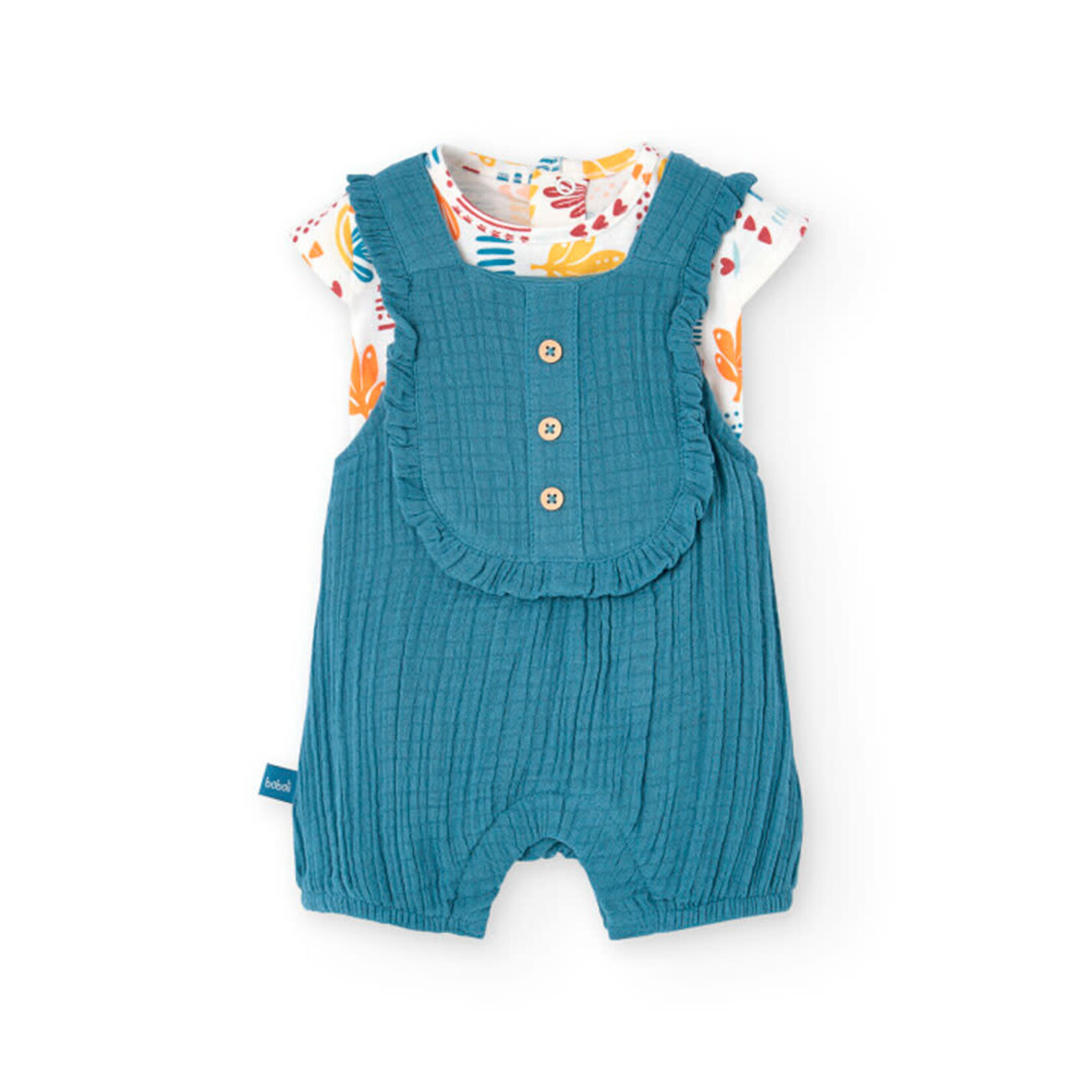 Boboli BOBOLI - White short-sleeved t-shirt with colorful pattern and turquoise overalls set