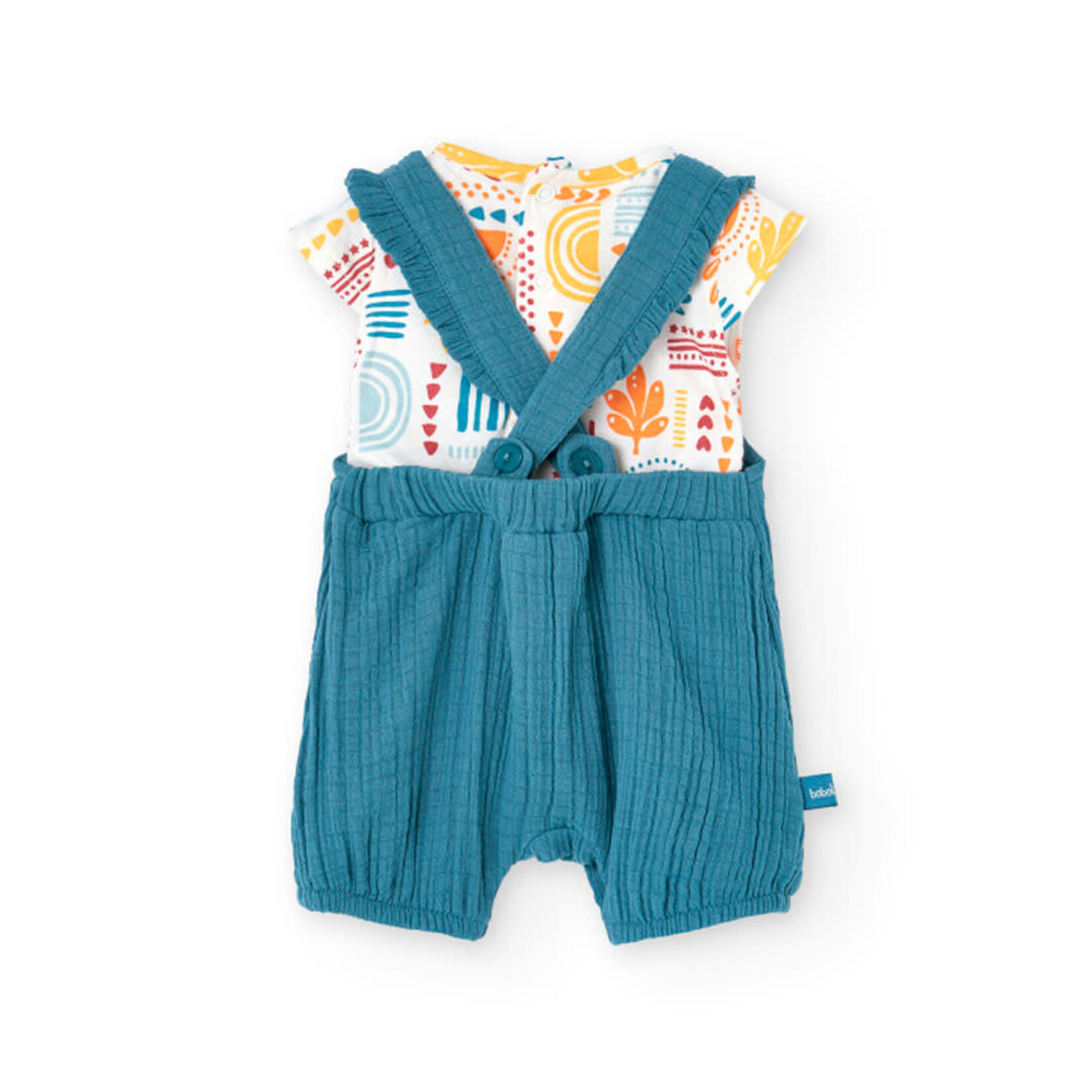 Boboli BOBOLI - White short-sleeved t-shirt with colorful pattern and turquoise overalls set
