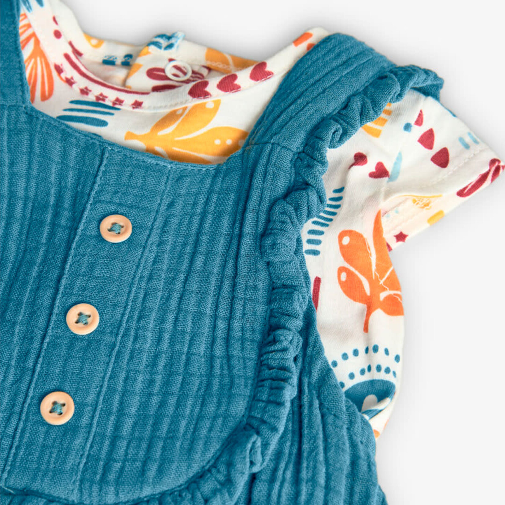 Boboli BOBOLI - White short-sleeved t-shirt with colorful pattern and turquoise overalls set