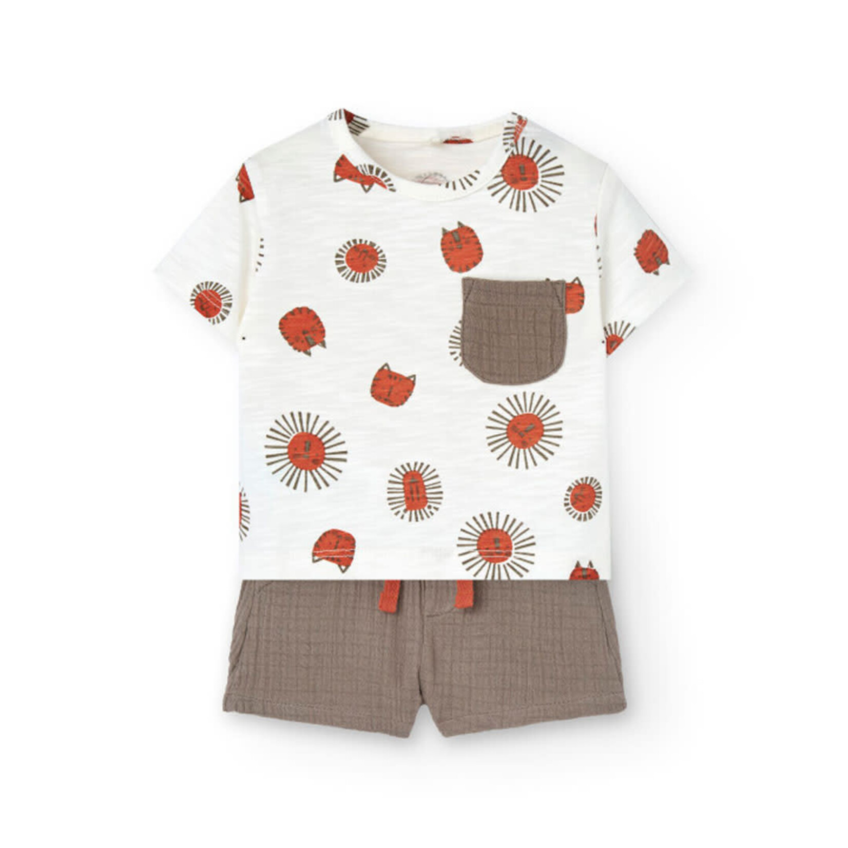 Boboli BOBOLI - Ensemble t-shirt blanc à imprimé de lions et guépards et short chocolat