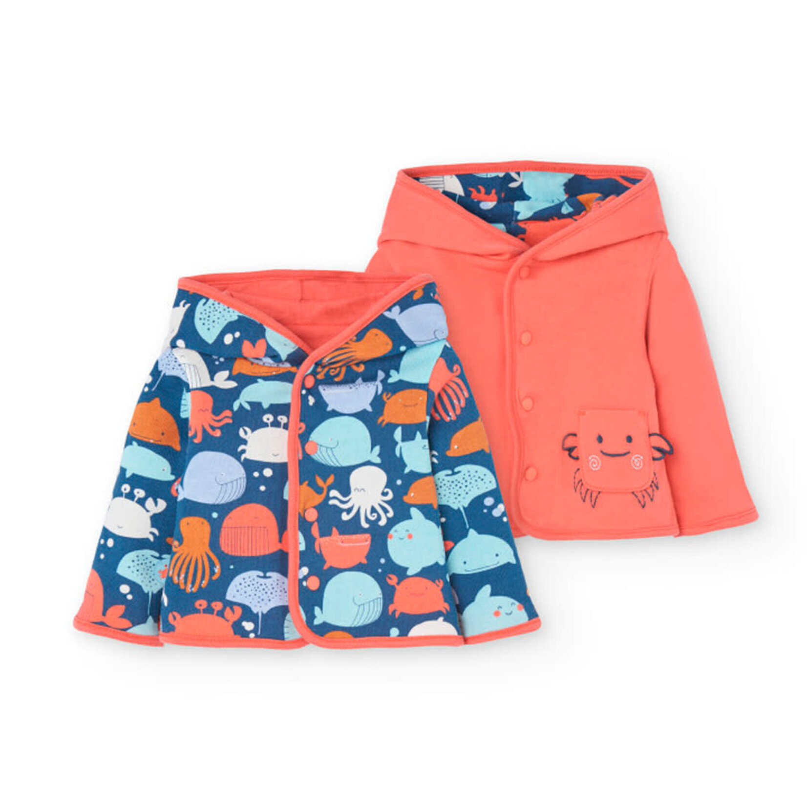 Boboli BOBOLI - Veste réversible orange vif et bleu marine à imprimé d'animaux marins