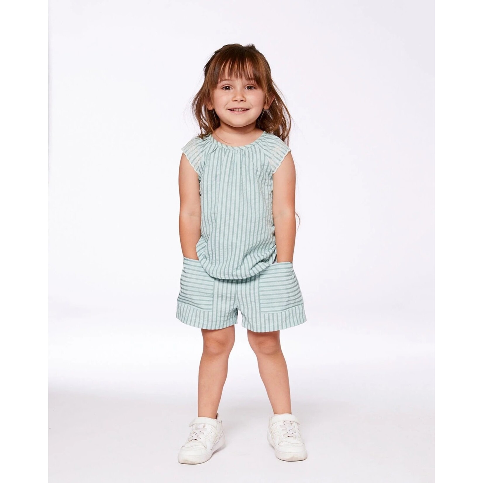 Deux par Deux DEUX PAR DEUX - Ensemble deux pièces blouse et short en chambray rayé vert menthe 'Koala Fleuri'