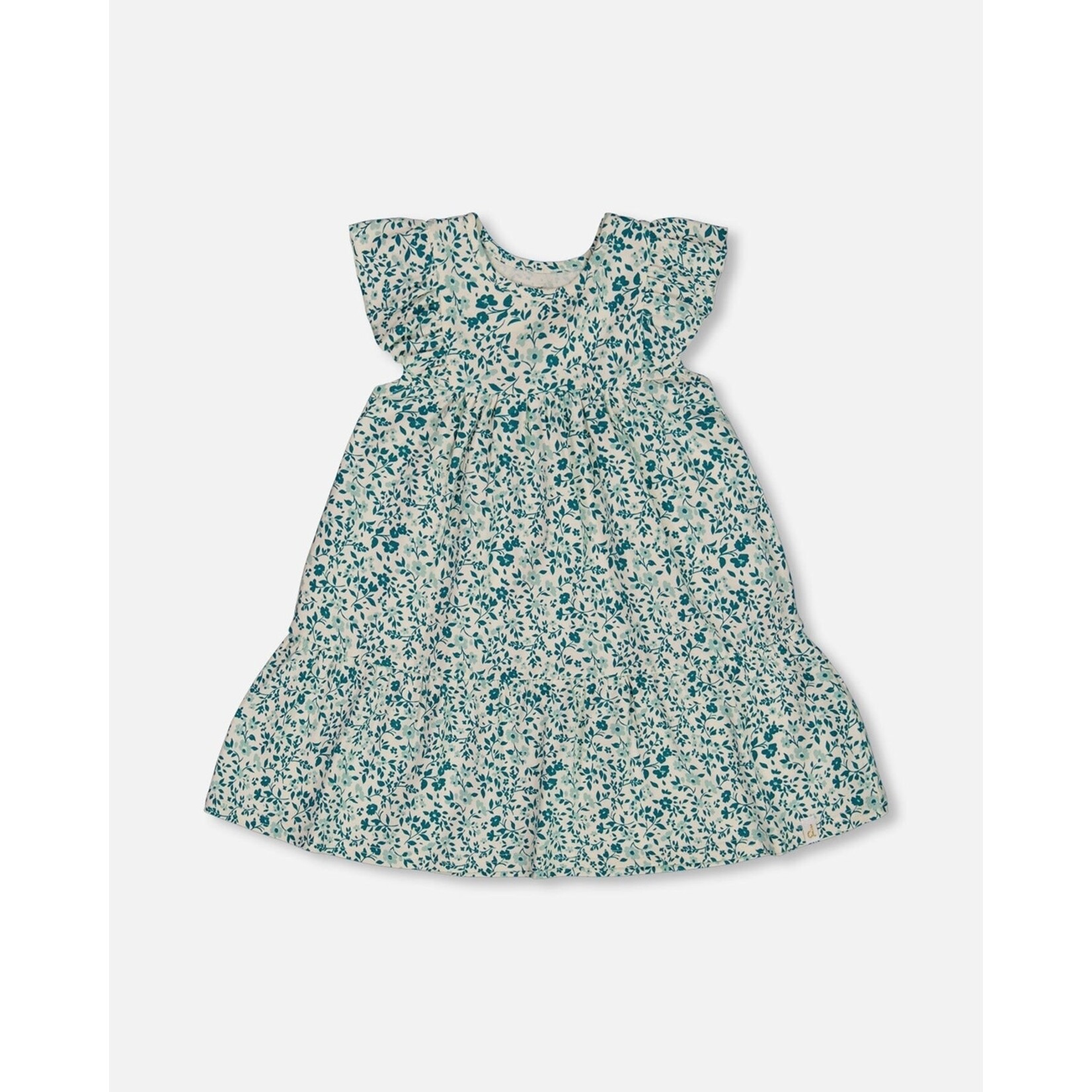 Deux par Deux DEUX PAR DEUX - Organic cotton dress with allover small turquoise flower print 'Koala Story'