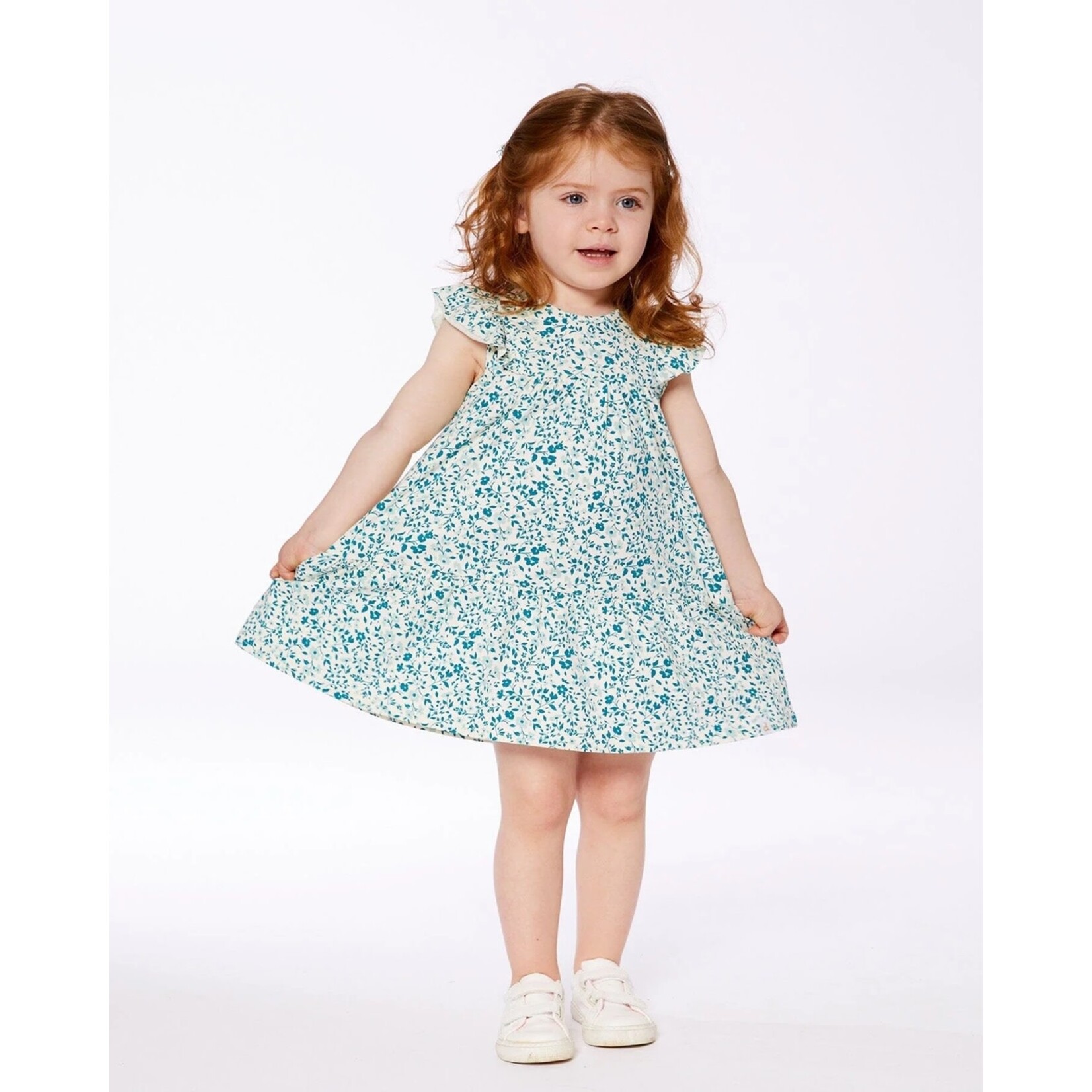 Deux par Deux DEUX PAR DEUX - Organic cotton dress with allover small turquoise flower print 'Koala Story'
