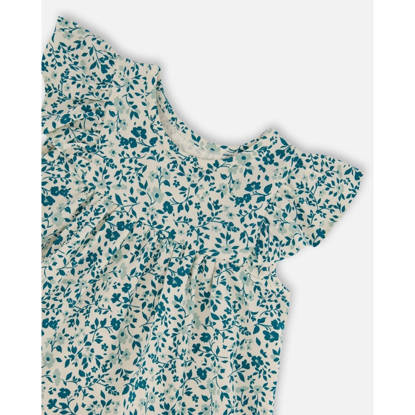 Deux par Deux DEUX PAR DEUX - Organic cotton dress with allover small turquoise flower print 'Koala Story'