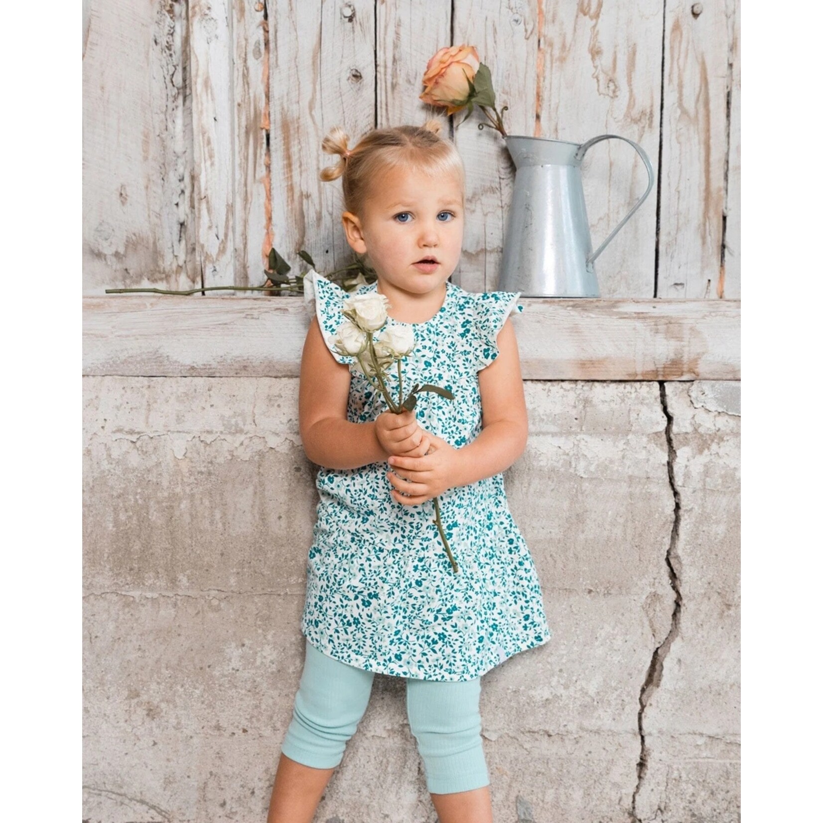 Deux par Deux DEUX PAR DEUX - Organic cotton dress with allover small turquoise flower print 'Koala Story'