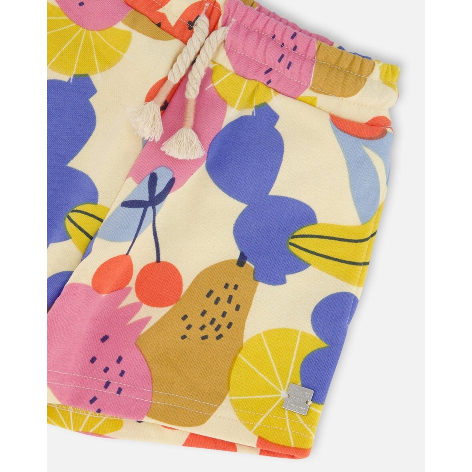 Deux par Deux DEUX PAR DEUX - Printed french terry shorts with fruits print on yellow background 'Line up for stripes'