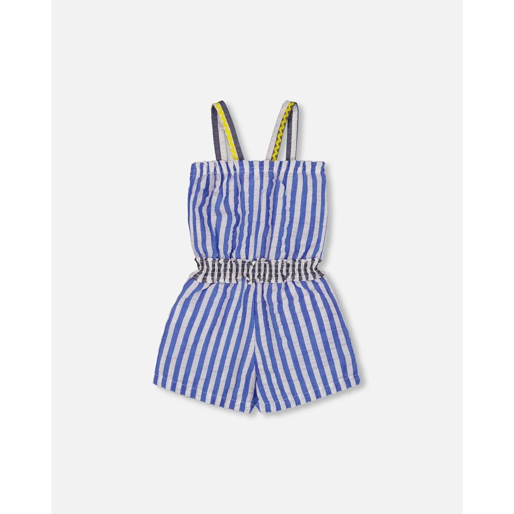 Deux par Deux DEUX PAR DEUX - Sleeveless seersucker romper with blue and white stripes 'Line up for stripes'