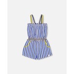 Deux par Deux DEUX PAR DEUX - Sleeveless seersucker romper with blue and white stripes 'Line up for stripes'