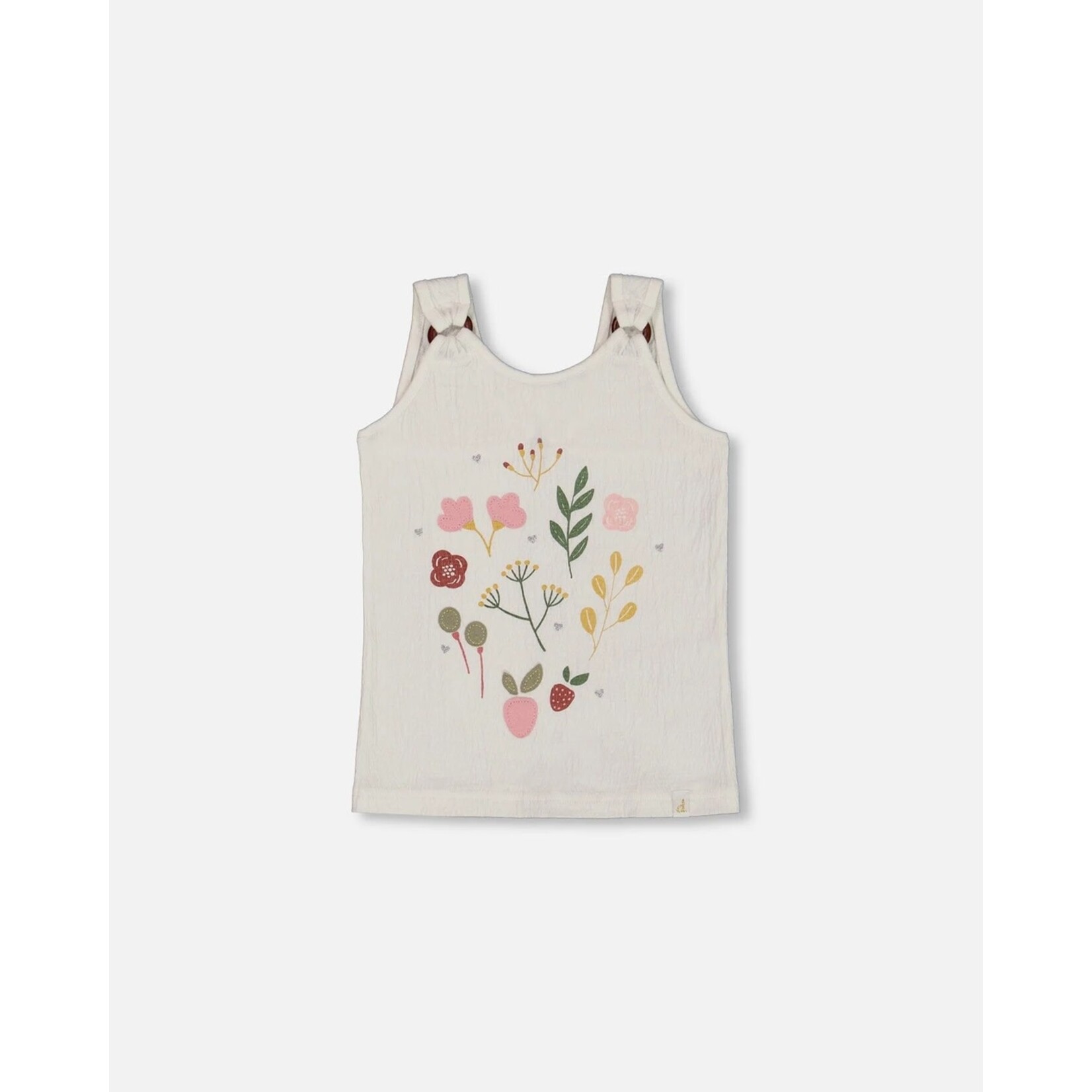 Deux par Deux DEUX PAR DEUX - Camisole en jersey froissé imprimé à fleurs roses sur fond crème 'Poésie d'été'