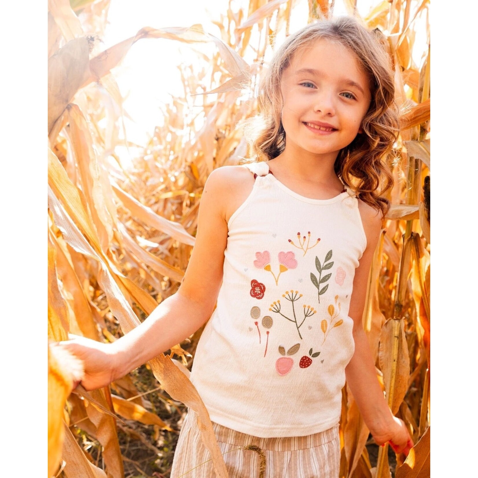 Deux par Deux DEUX PAR DEUX - Camisole en jersey froissé imprimé à fleurs roses sur fond crème 'Poésie d'été'