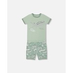 Deux par Deux DEUX PAR DEUX - Ensemble pyjama court (2 pcs.) en coton bio sauge claire avec imprimé de crocodiles gris