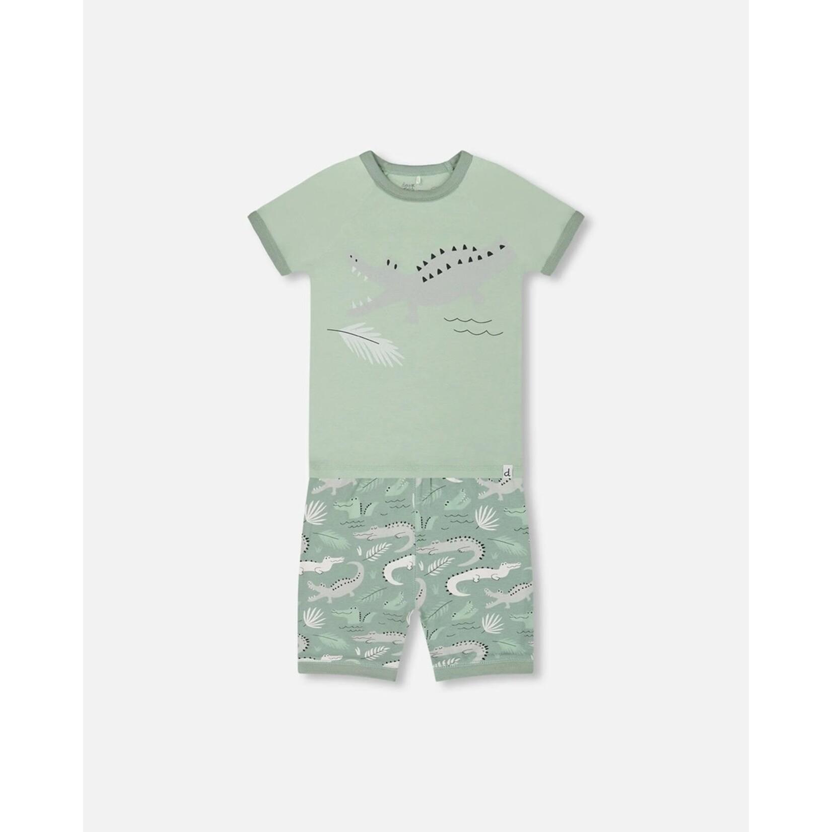 Deux par Deux DEUX PAR DEUX - Ensemble pyjama court (2 pcs.) en coton bio sauge claire avec imprimé de crocodiles gris