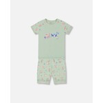 Deux par Deux DEUX PAR DEUX - Organic Cotton Short Pyjama Set (2 pcs.) in light sage with small pink and blue flower print
