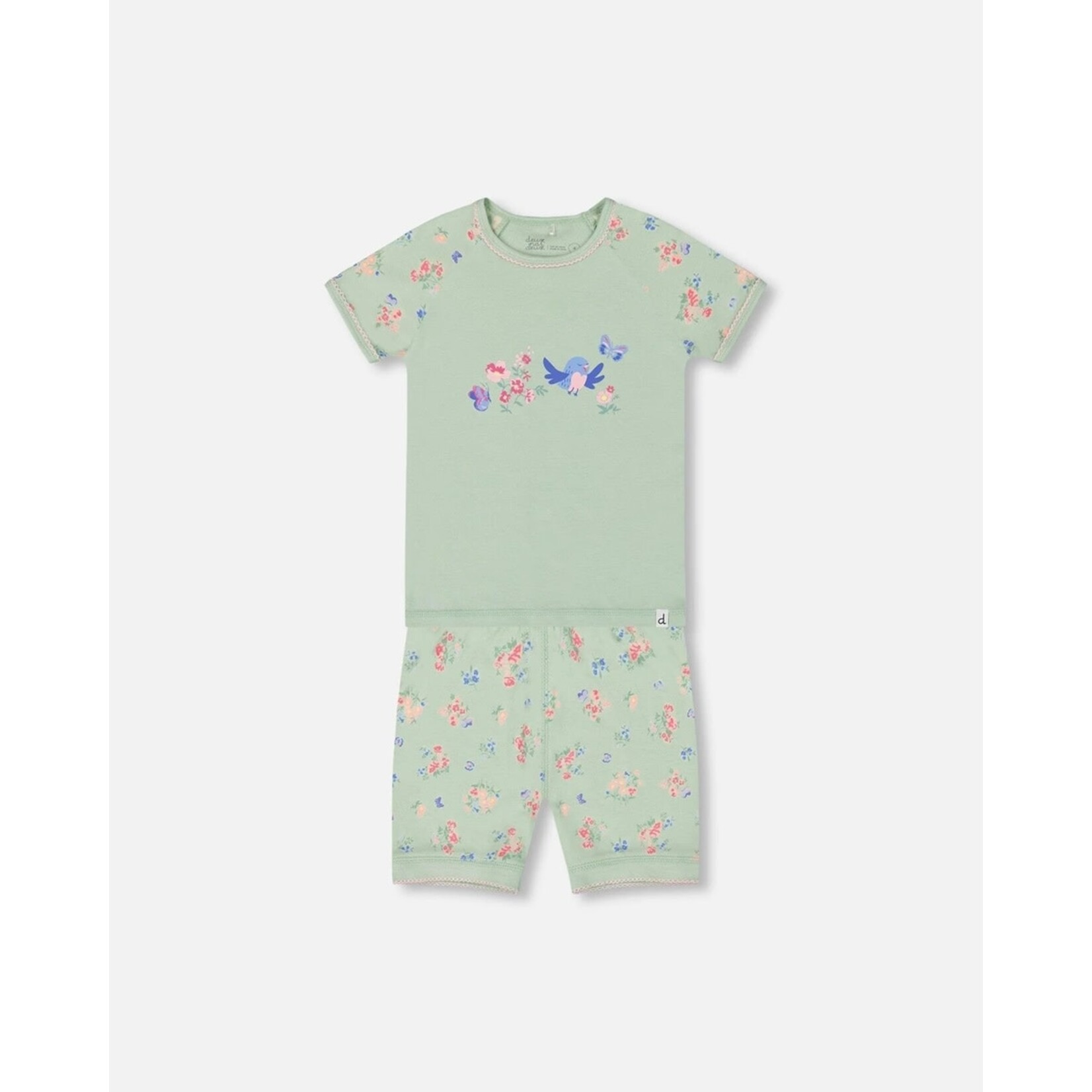 Deux par Deux DEUX PAR DEUX - Ensemble pyjama court (2 pcs.) en coton bio sauge claire avec imprimé de petites fleurs roses et bleues