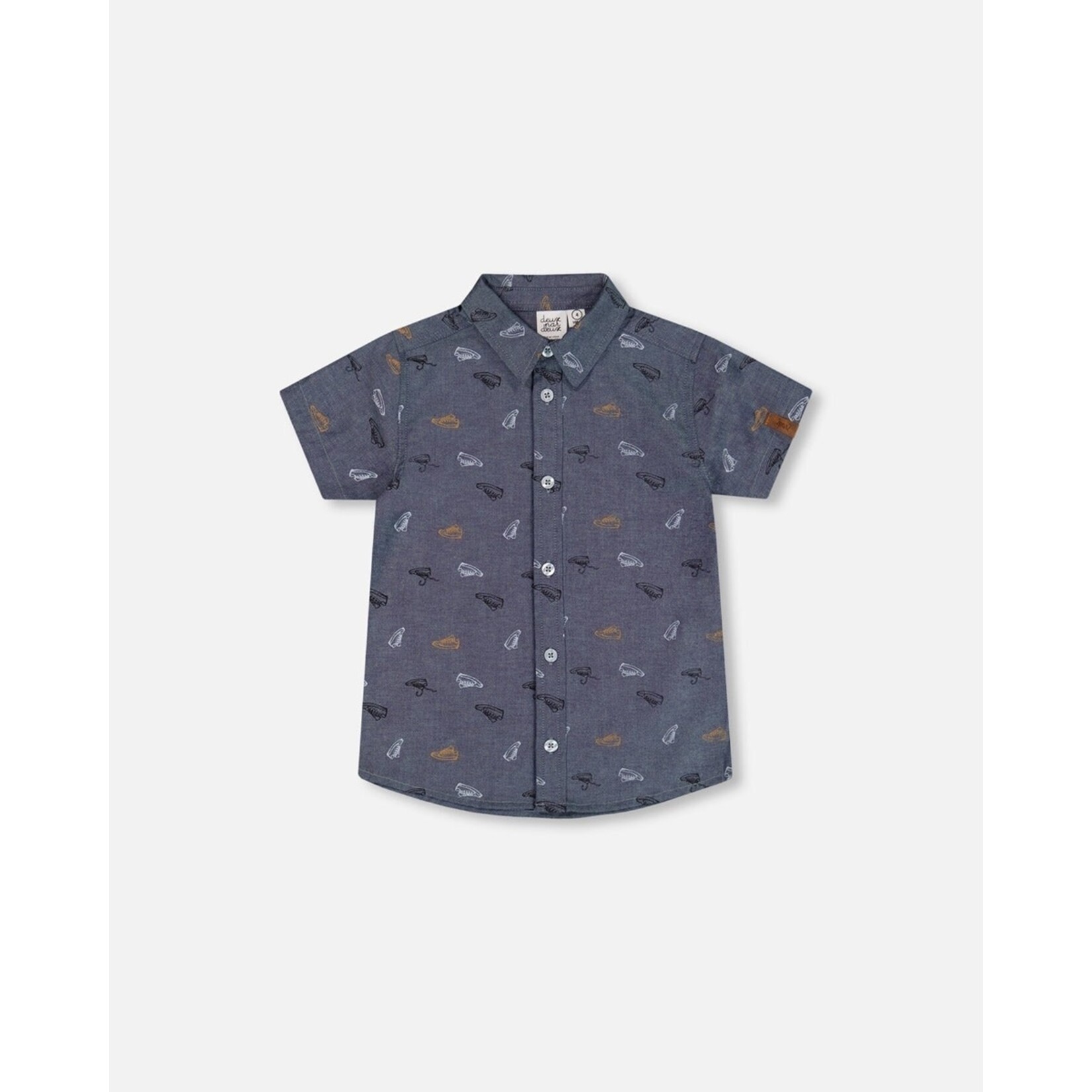 Deux par Deux DEUX PAR DEUX - Chambray short sleeve shirt with grey, white and beige mini shoe print 'B.O.Y.S.'