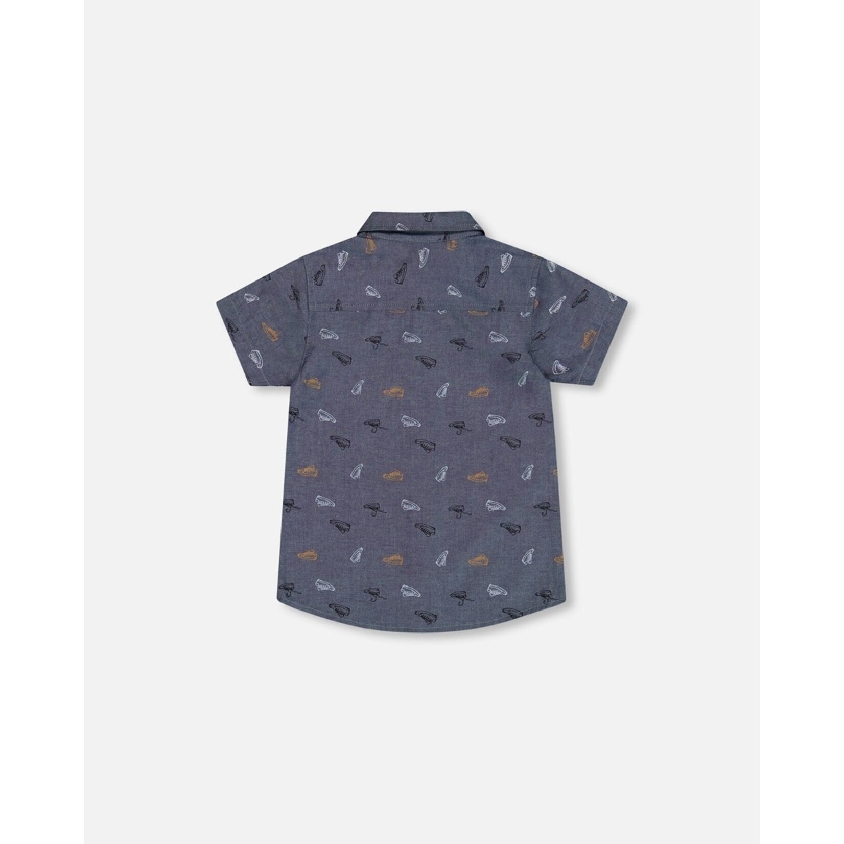 Deux par Deux DEUX PAR DEUX - Chambray short sleeve shirt with grey, white and beige mini shoe print 'B.O.Y.S.'