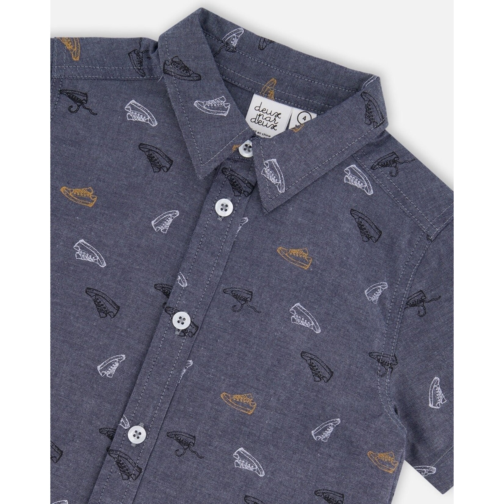 Deux par Deux DEUX PAR DEUX - Chambray short sleeve shirt with grey, white and beige mini shoe print 'B.O.Y.S.'