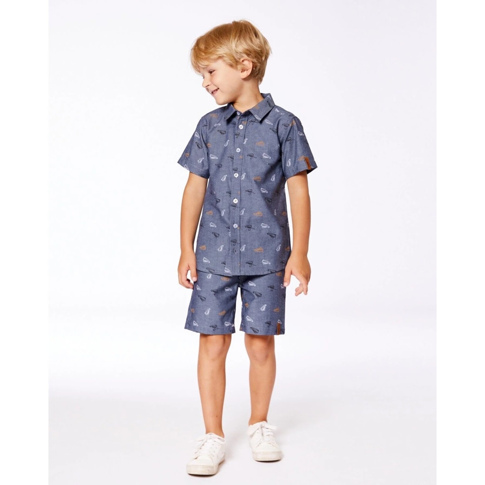 Deux par Deux DEUX PAR DEUX - Chambray short sleeve shirt with grey, white and beige mini shoe print 'B.O.Y.S.'