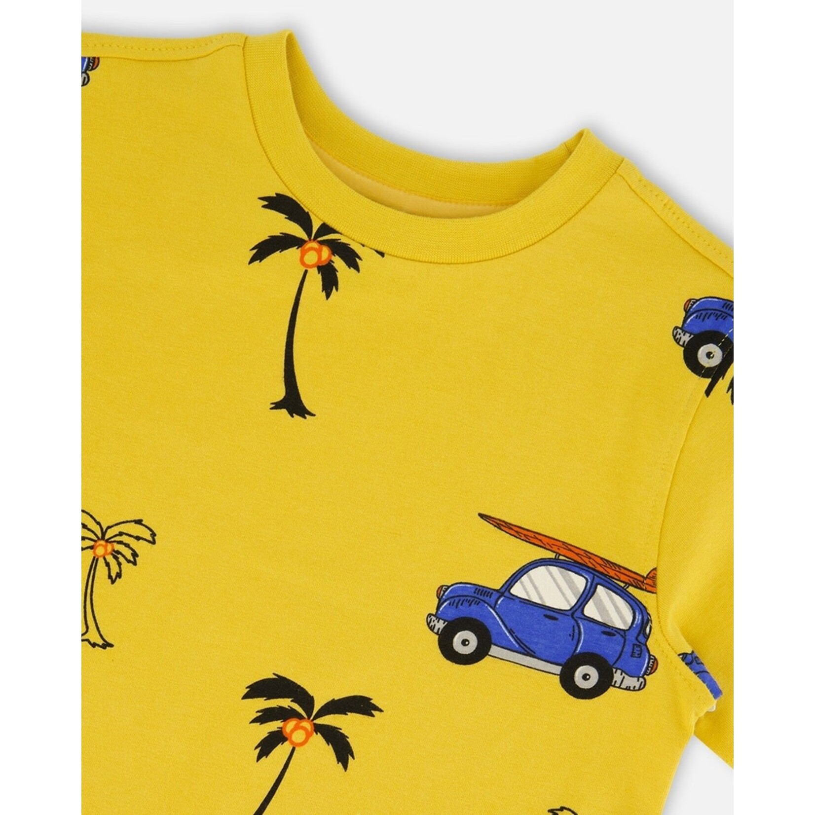 Deux par Deux DEUX PAR DEUX - Yellow short sleeve t-shirt with blue cars and palm trees print 'B.O.Y.S'
