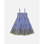 Deux par Deux DEUX PAR DEUX - Robe paysanne sans manches smockée en cotonnade gaufrée rayée bleu et blanc 'Vive les rayures'